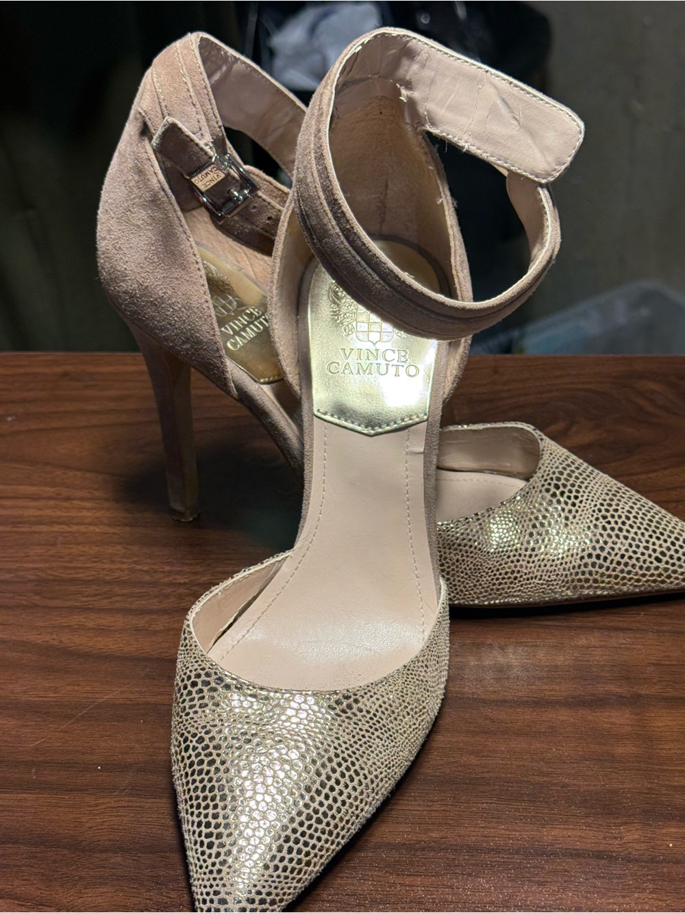 Vince Camuto Metallic Gold Pointed Toe Ankle-Strap Heels